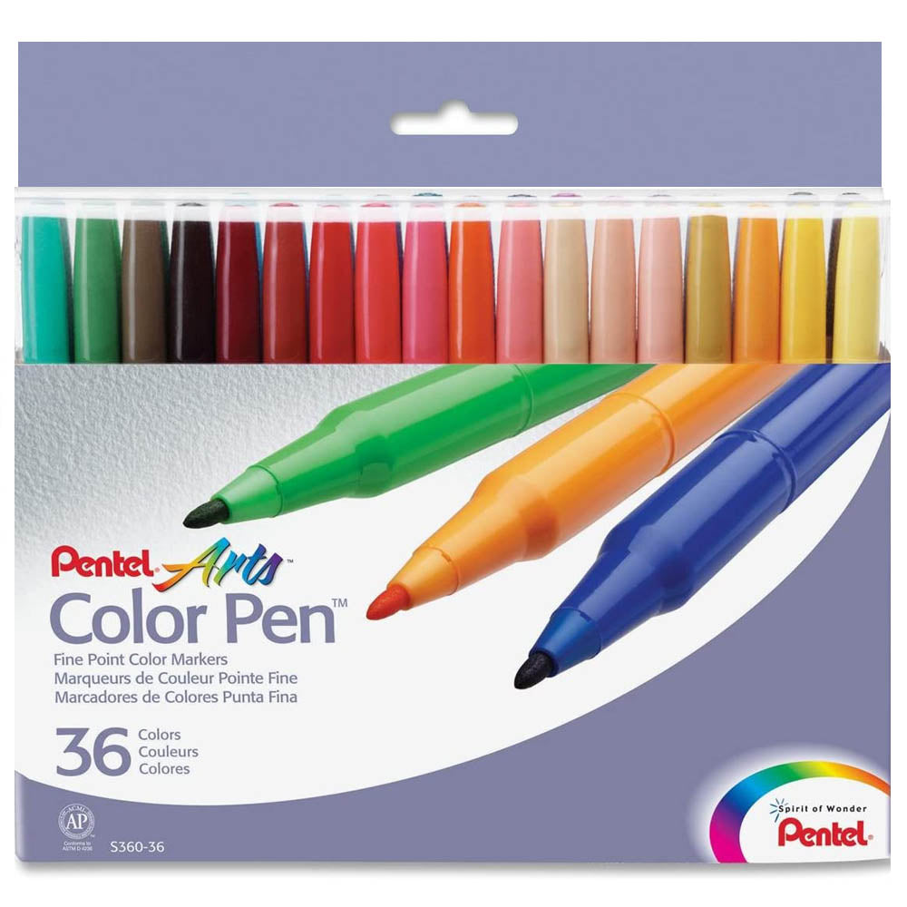 Pentel S360-36 Fine Point Color Pen Set, 36 Assorted Colors, 36