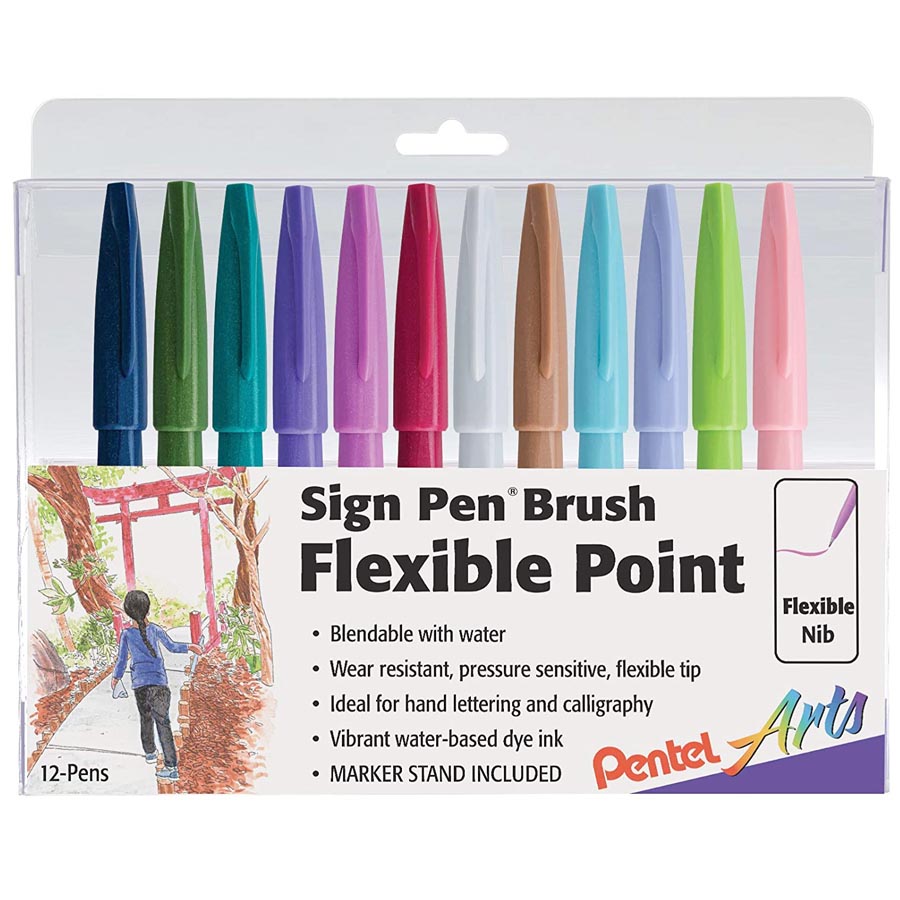 Pentel Sign Pen Brush - Flexible Point Marker,  12 New Color Set