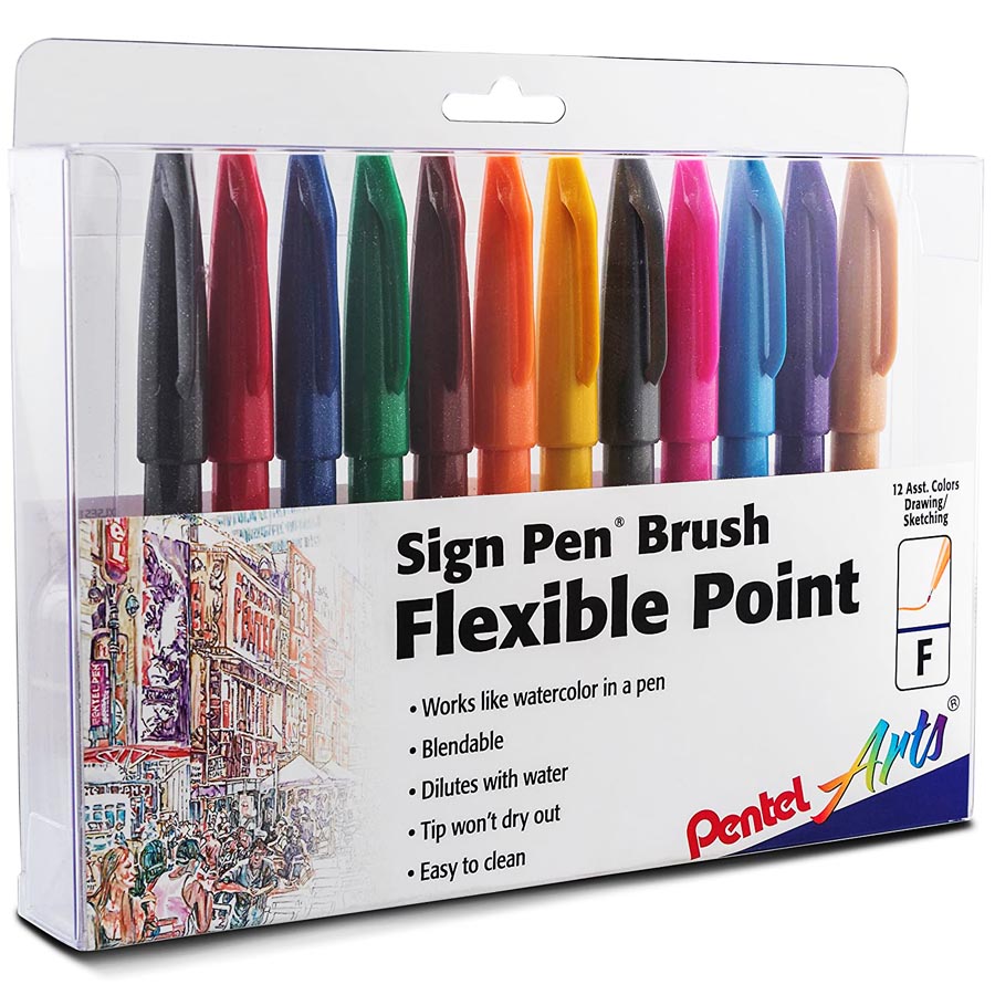 Pentel Sign Pen Brush - Flexible Point Marker, 12 Color Set