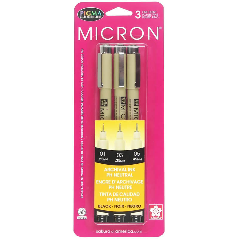 Sakura Pigma Micron Pens, Black Ink, 3-Pen Set